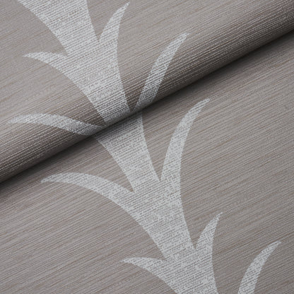 Grey vinyl wallpaper with an acanthus stripe pattern; textured surface with rolled edge visible.
