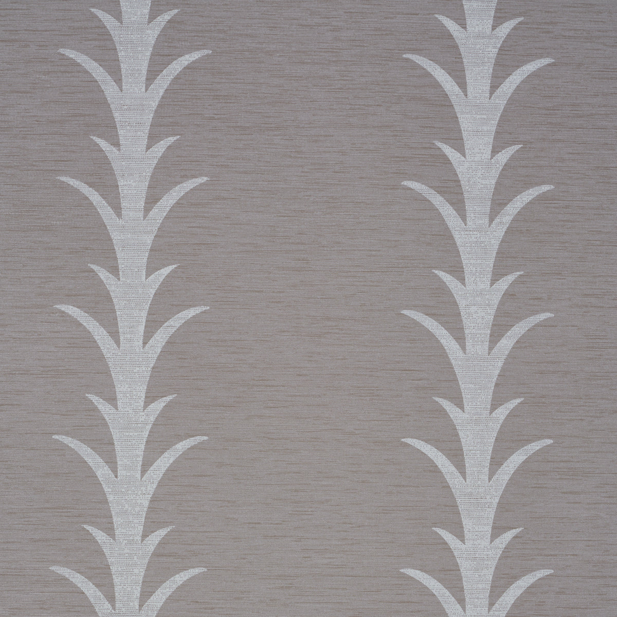 Taupe textured wallpaper with two vertical white palm-leaf stripe motifs.