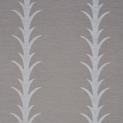 Taupe textured wallpaper with two vertical white palm-leaf stripe motifs.