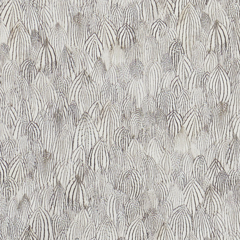 Gray-scale wallcovering with a zebra-striped pattern; neutral, modern design.