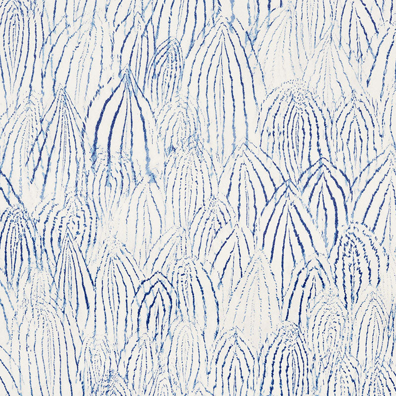 White fabric with blue arched leaf shapes forming a repeating botanical pattern.