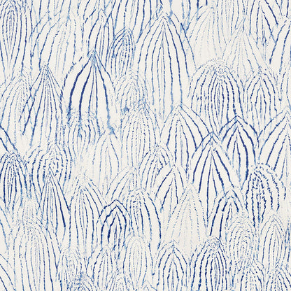White fabric with blue arched leaf shapes forming a repeating botanical pattern.