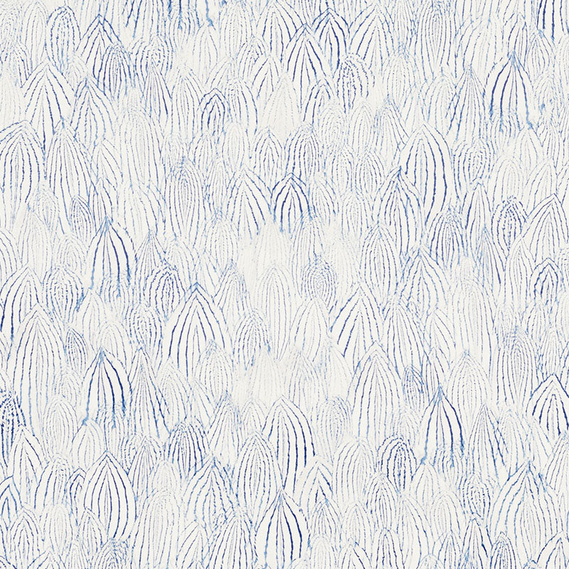 Indigo and white wallpaper with a repeating feather motif and airy sketchy lines.
