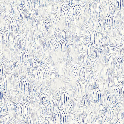 Indigo and white wallpaper with a repeating feather motif and airy sketchy lines.