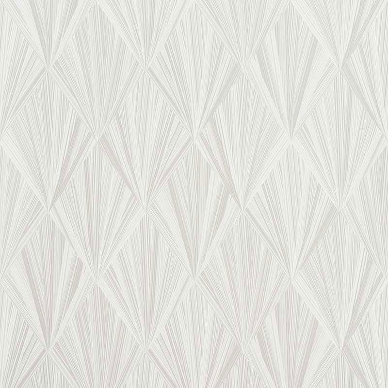 Light gray wallpaper with overlapping fan-shaped chevrons and subtle pink tint, Art Deco geometric pattern.