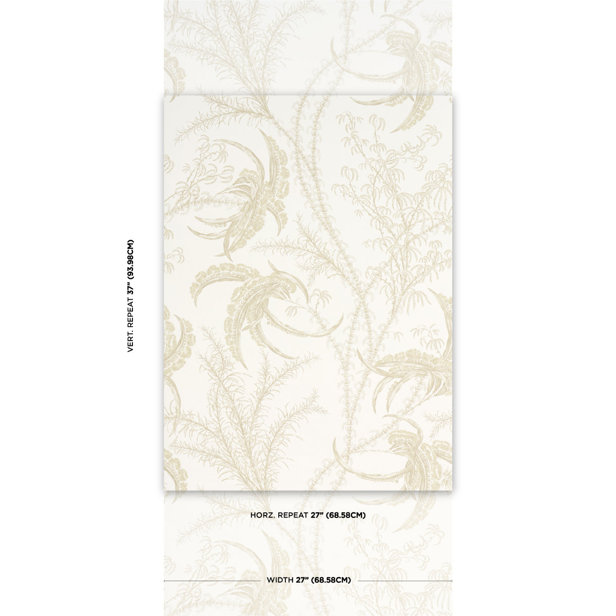 Cream wallpaper with light tan botanical palm-leaf damask pattern; vintage tropical style, roll width 27in (68.6 cm)