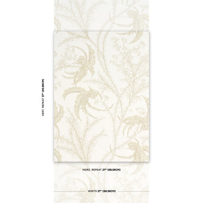 Cream wallpaper with light tan botanical palm-leaf damask pattern; vintage tropical style, roll width 27in (68.6 cm)