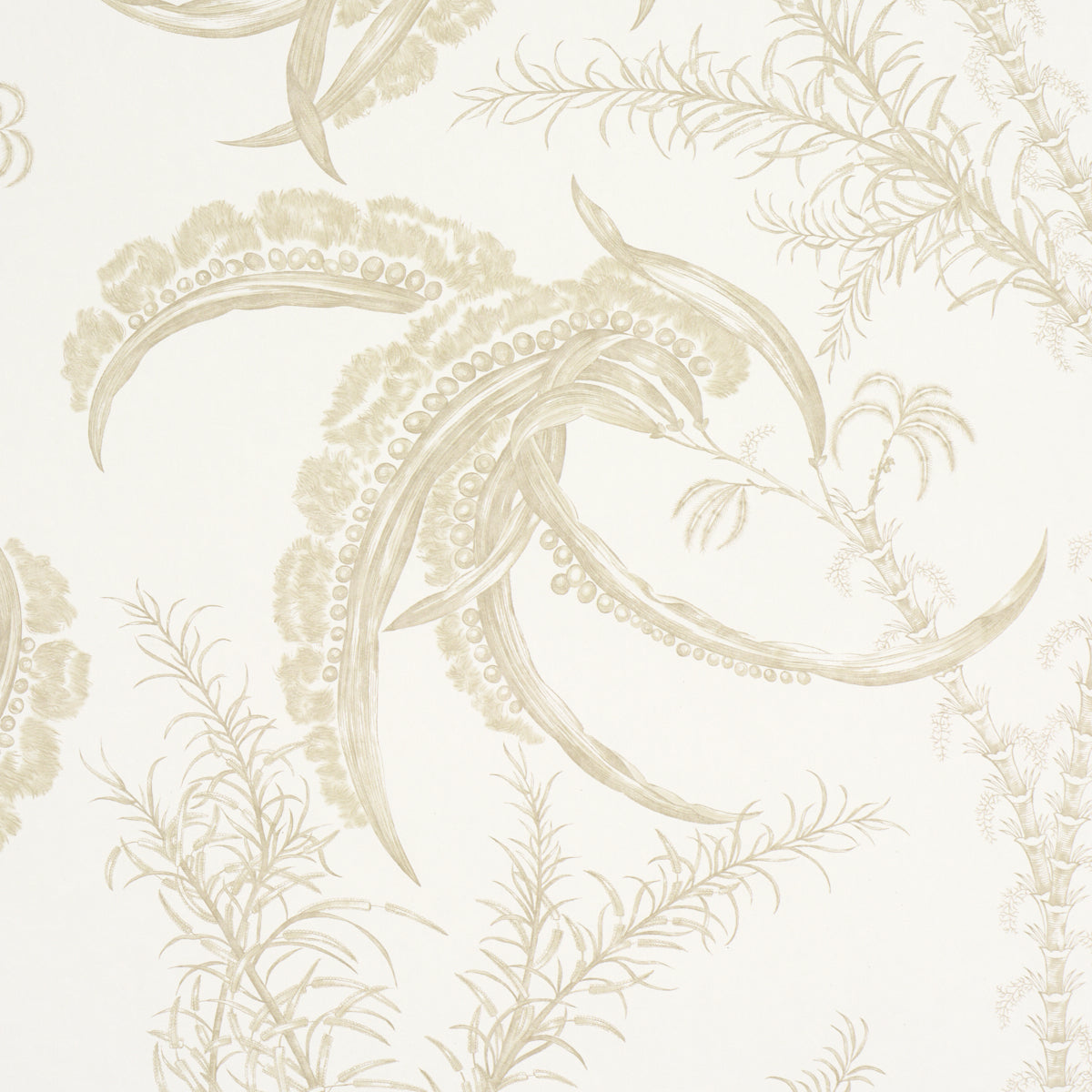 Ivory wallpaper with beige botanical damask pattern, curling fronds and beaded detailing.