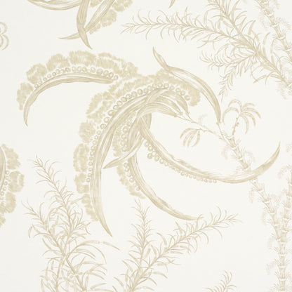 Ivory wallpaper with beige botanical damask pattern, curling fronds and beaded detailing.