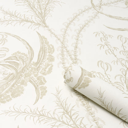 Beige botanical wallpaper roll with cream fern and vine pattern; toile-inspired wall décor.