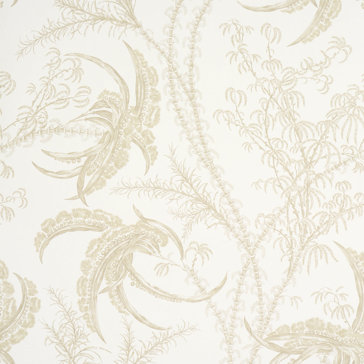 Cream wallpaper with pale beige botanical damask pattern of vines and ferns for walls.