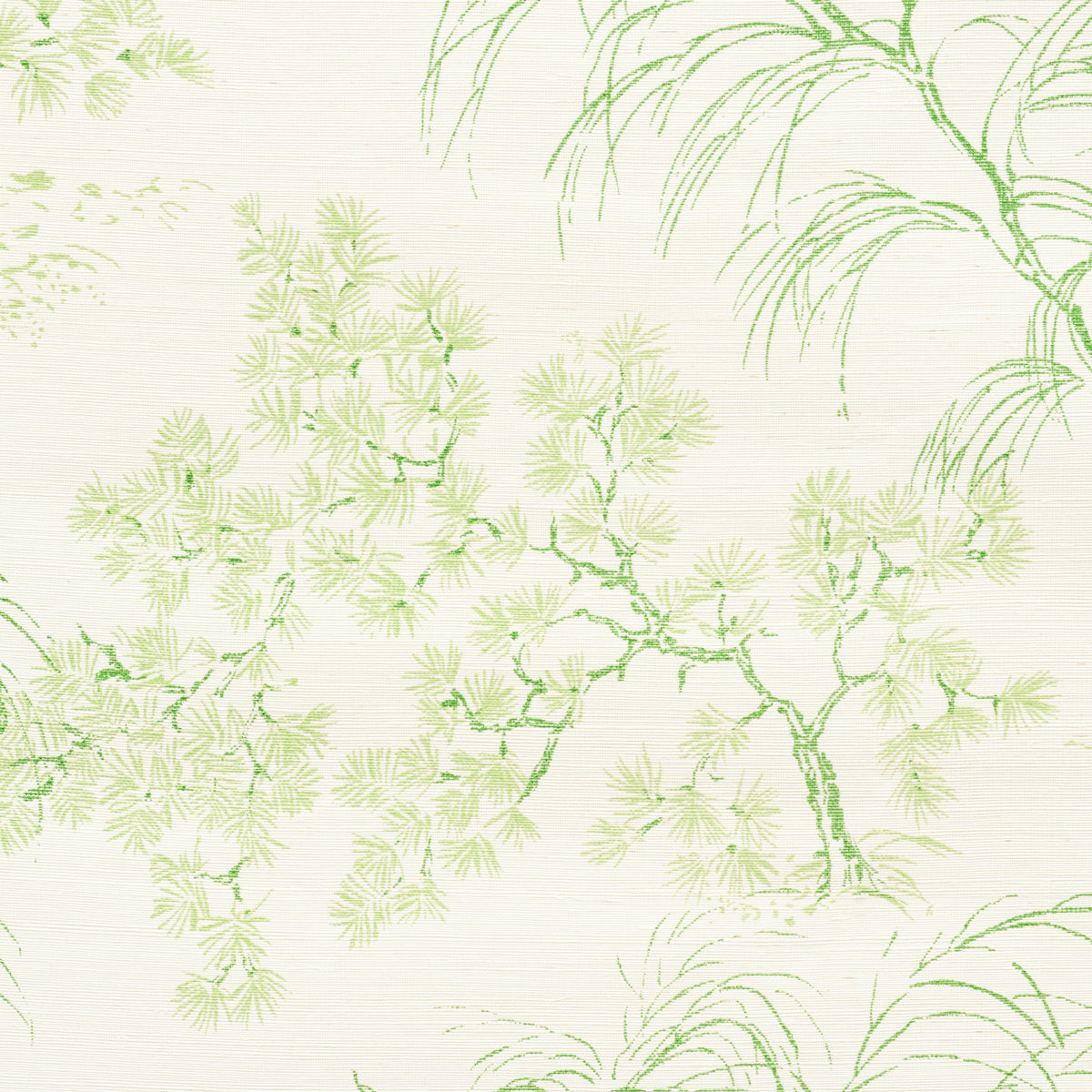 Cream wallpaper featuring pale green pine branches and palm fronds in botanical pattern.