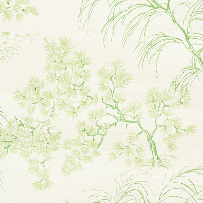 Cream wallpaper featuring pale green pine branches and palm fronds in botanical pattern.