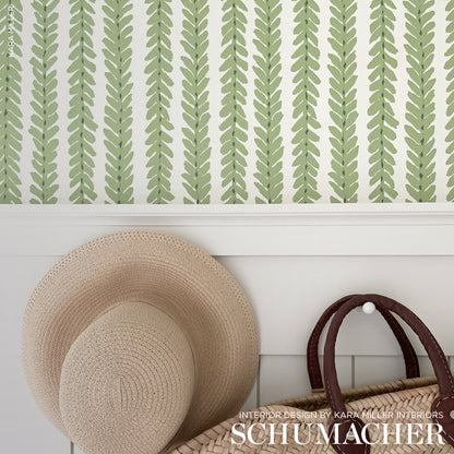 Green fern-pattern wallpaper in a repeating vertical motif with beige woven hats and a wicker basket.