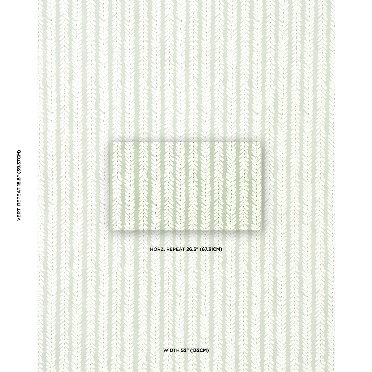 Pale green fern-pattern wallpaper with vertical repeats; centered rectangular sample panel showing the same motif.