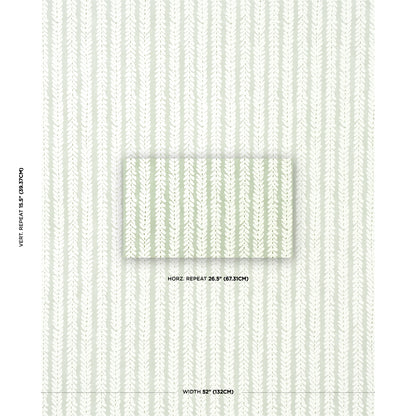 Pale green fern-pattern wallpaper with vertical repeats; centered rectangular sample panel showing the same motif.
