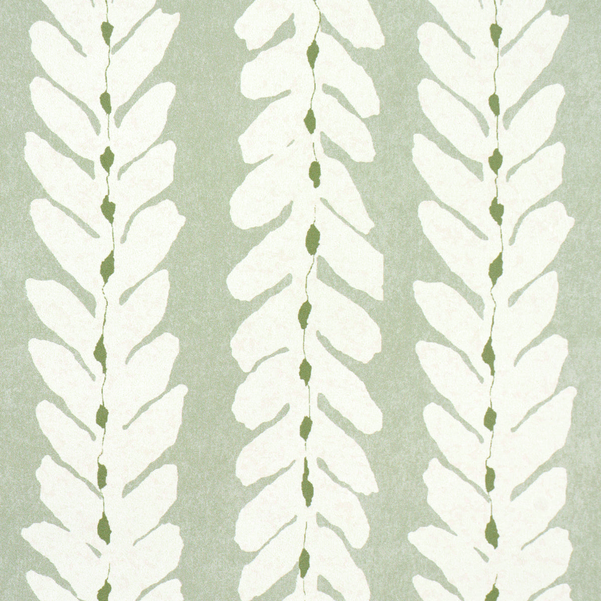 Mint-green wallpaper with repeating white fern leaves along vertical stems; botanical pattern.