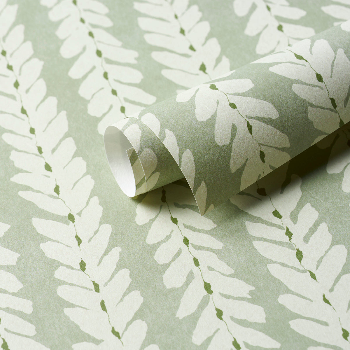 Mint green wallpaper with white fern-like leaves arranged in diagonal stripes, rolled at the edge.