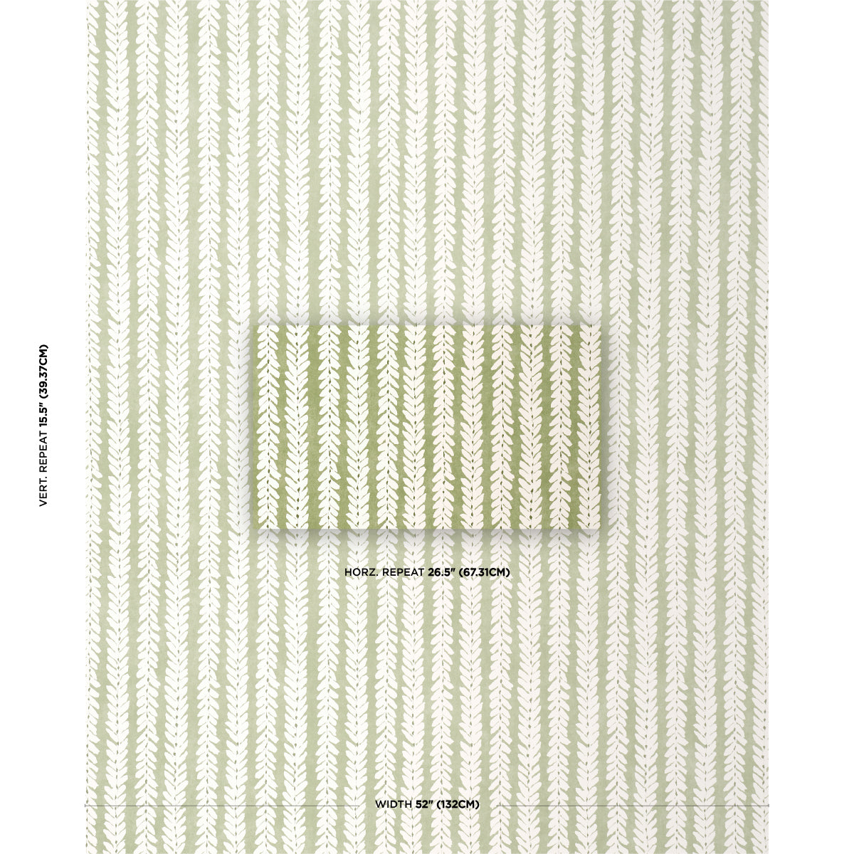 Sage green wallpaper with white vertical leaf stripes; horizontal repeat 26.5 in, vertical repeat 15.5 in, width 52 in.