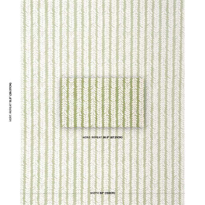 Sage green wallpaper with white vertical leaf stripes; horizontal repeat 26.5 in, vertical repeat 15.5 in, width 52 in.