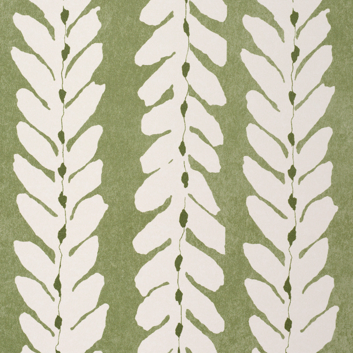 Olive green fabric with cream fern frond motifs in vertical columns.