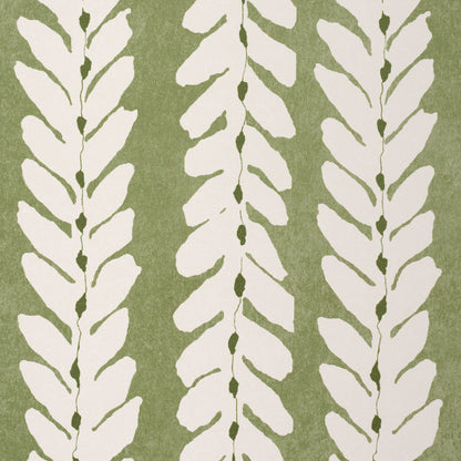 Olive green fabric with cream fern frond motifs in vertical columns.