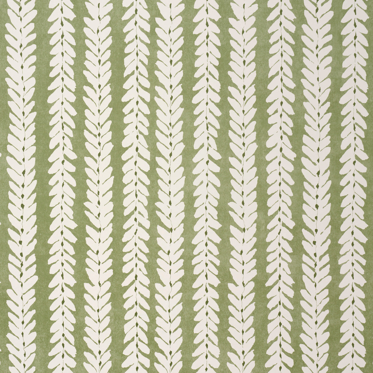 Olive green wallpaper featuring repeating vertical white leaf garlands.