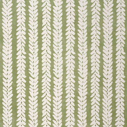 Olive green wallpaper featuring repeating vertical white leaf garlands.