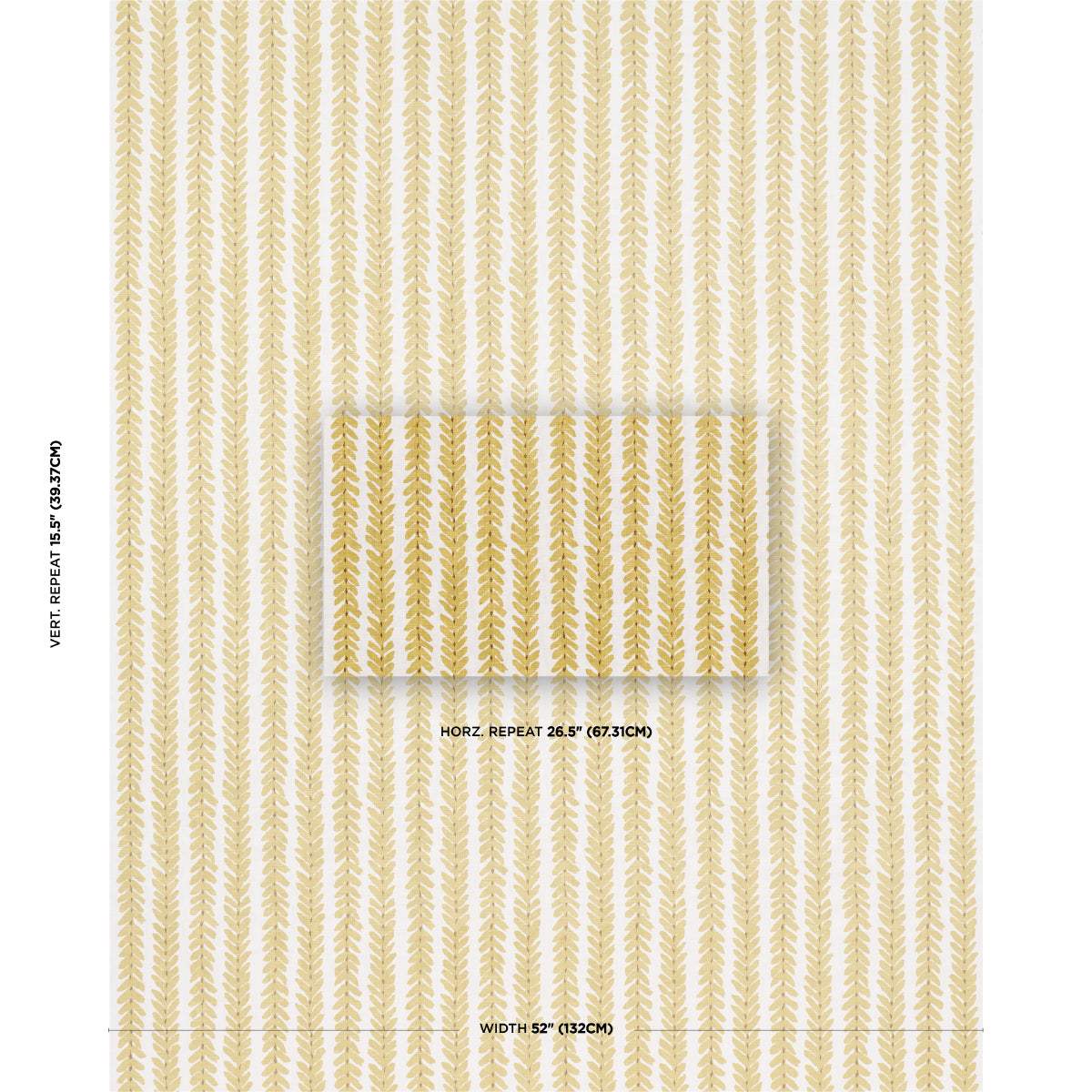 Beige wallpaper with gold vertical leaf stripe pattern; includes swatch overlay showing repeat; width 52" (132 cm).
