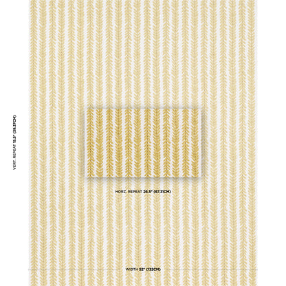 Beige wallpaper with gold vertical leaf stripe pattern; includes swatch overlay showing repeat; width 52" (132 cm).