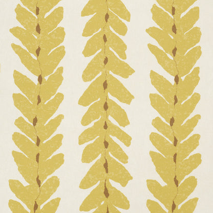 Decorative wallpaper with vertical gold fern motifs on cream background.