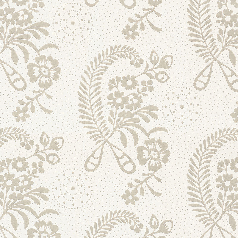 Beige taupe floral damask wallpaper with fern-like scrolls & dotted background on cream.