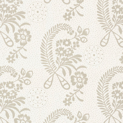 Beige taupe floral damask wallpaper with fern-like scrolls & dotted background on cream.