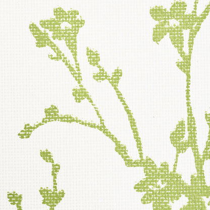 Cream fabric with light green botanical vine print; leafy stems in a crosshatched texture for upholstery or wallpaper.