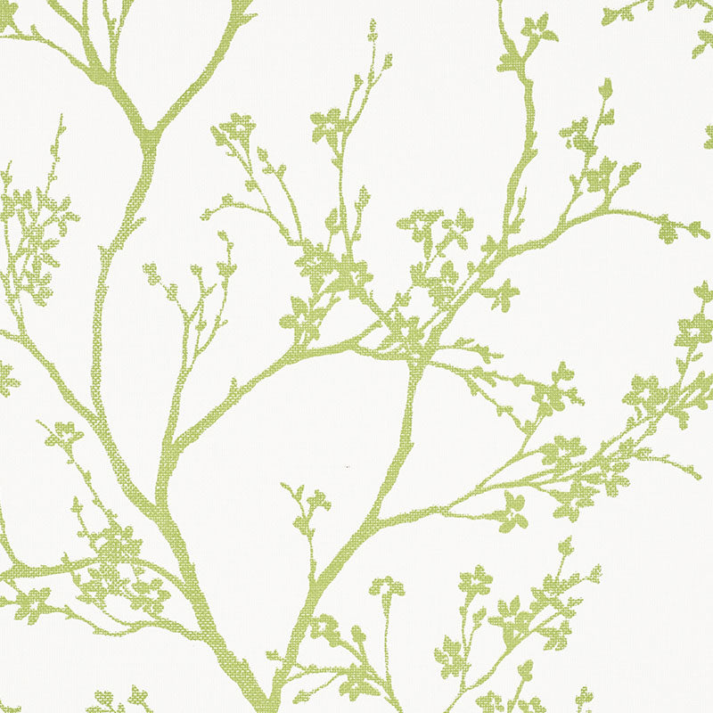 Olive-green botanical branch pattern with small leaves on pale background; decorative wallpaper or fabric print.
