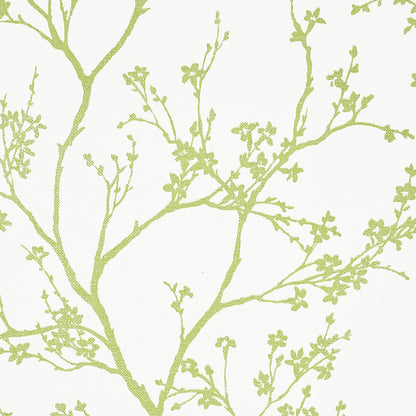 Olive-green botanical branch pattern with small leaves on pale background; decorative wallpaper or fabric print.