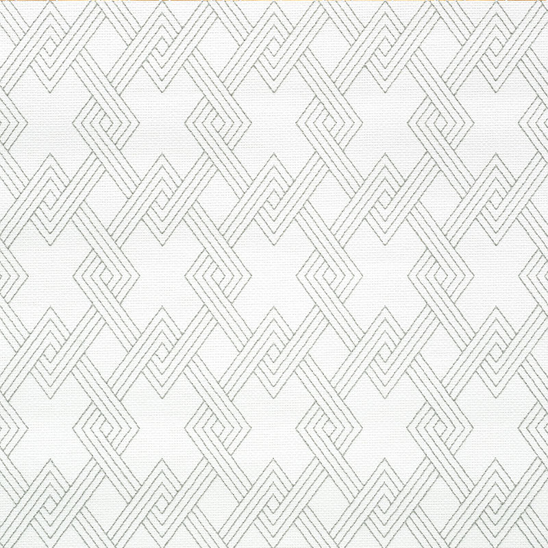 White wallcovering with a light gray interlocking diamond geometric pattern and a thin gold top border.