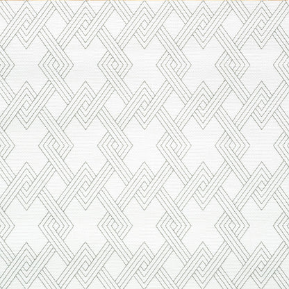 White wallcovering with a light gray interlocking diamond geometric pattern and a thin gold top border.