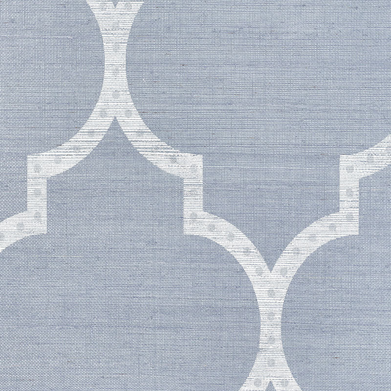 Blue-gray fabric with white geometric quatrefoil pattern; Moroccan-inspired textile or wallpaper.