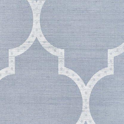 Blue-gray fabric with white geometric quatrefoil pattern; Moroccan-inspired textile or wallpaper.