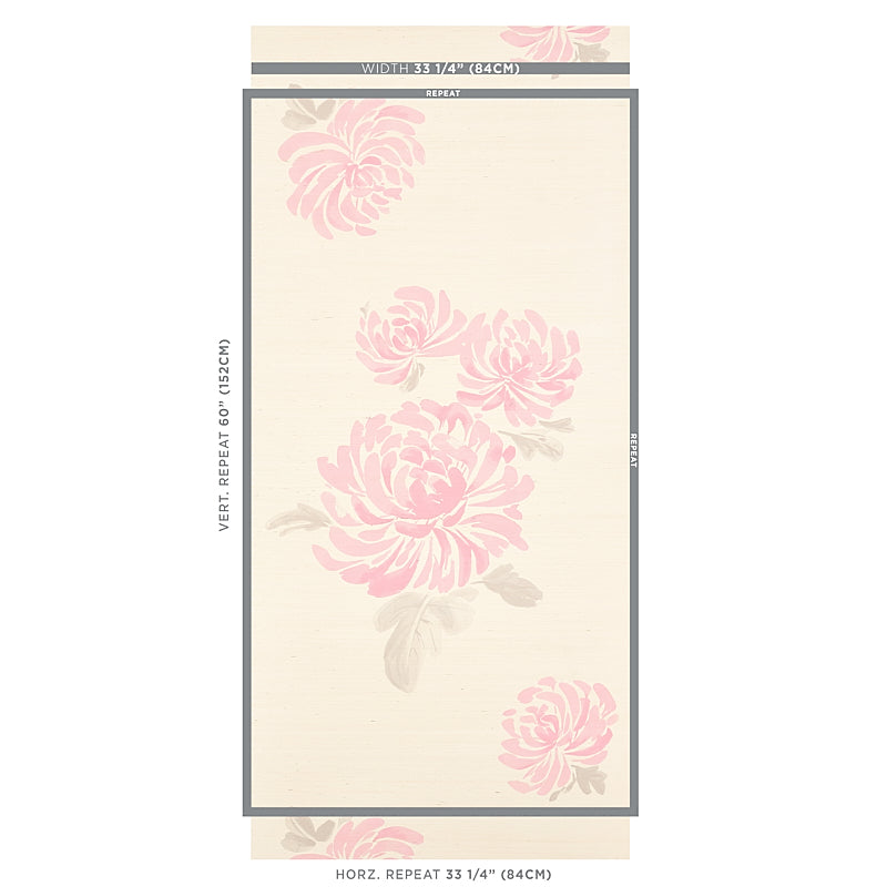 Beige wallpaper panel with large pink roses, subtle gray leaves, framed by a dark gray border.