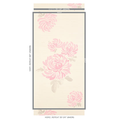 Beige wallpaper panel with large pink roses, subtle gray leaves, framed by a dark gray border.