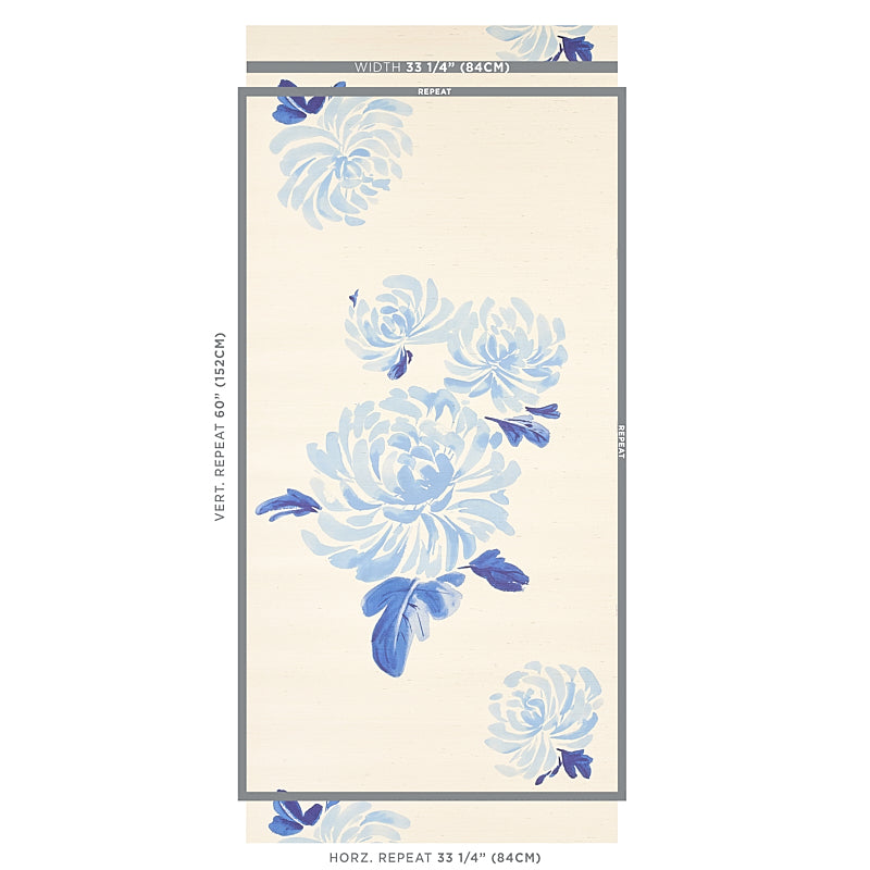 Cream vertical rug with blue floral pattern and gray border; rectangular, botanical style.