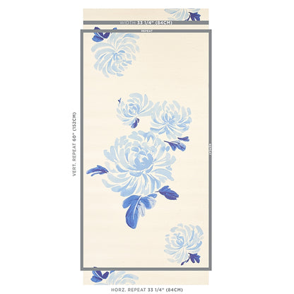 Cream vertical rug with blue floral pattern and gray border; rectangular, botanical style.