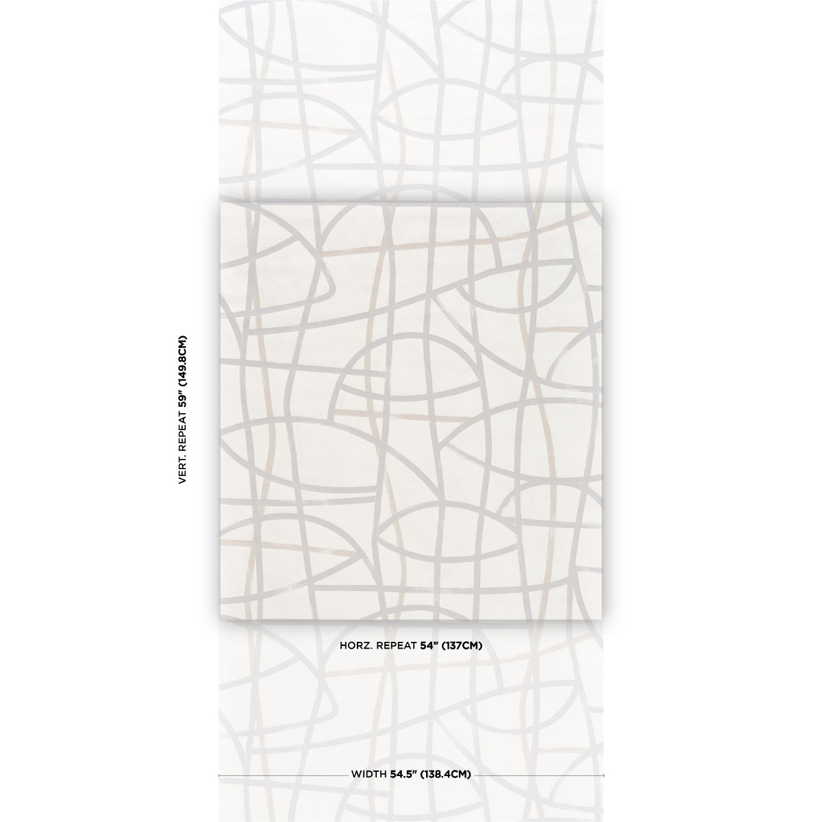 Light gray looping-line wallpaper swatch on cream-white background; folded panel.