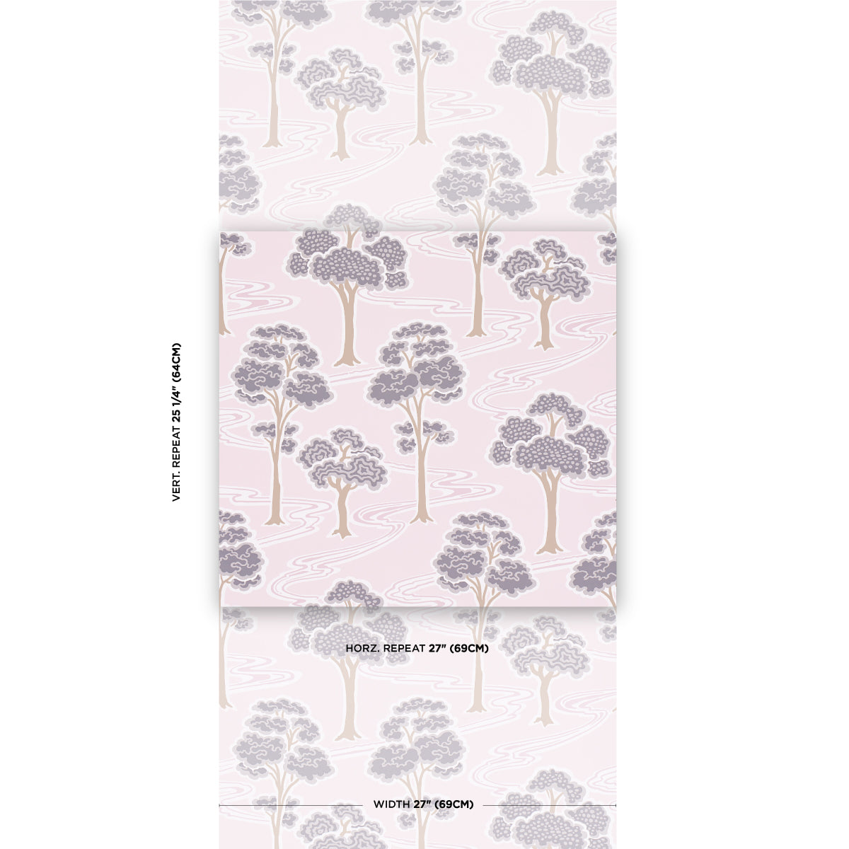 Soft pink wallpaper panel featuring lavender-gray trees in a whimsical repeating woodland pattern.