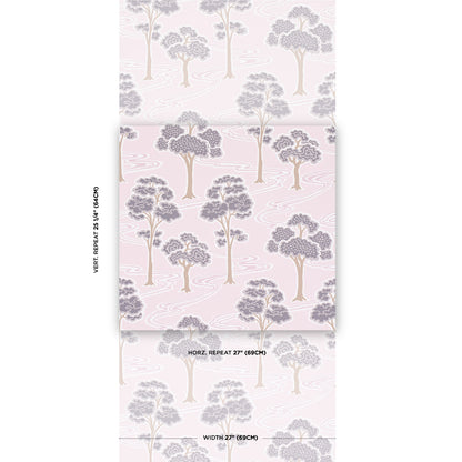 Soft pink wallpaper panel featuring lavender-gray trees in a whimsical repeating woodland pattern.