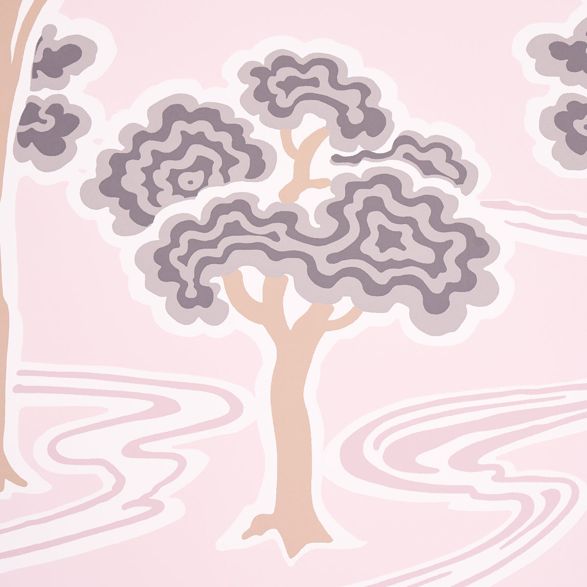 Pastel pink fabric with stylized lavender-gray trees and peach trunks; decorative, swirl-pattern landscape print.
