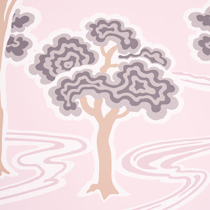 Pastel pink fabric with stylized lavender-gray trees and peach trunks; decorative, swirl-pattern landscape print.