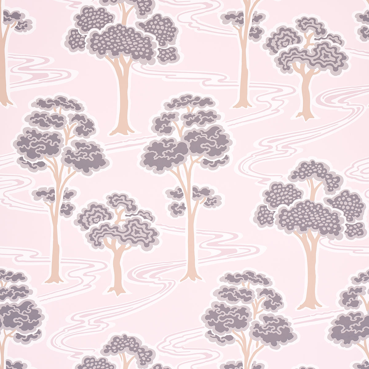 Soft pink wallpaper with stylized beige-trunk trees and gray-purple canopies, featuring flowing swirls.